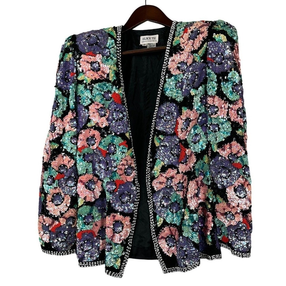 VTG Black Tie He-Ro Industries Womens 10 Silk Beaded Floral Open Jacket Evening